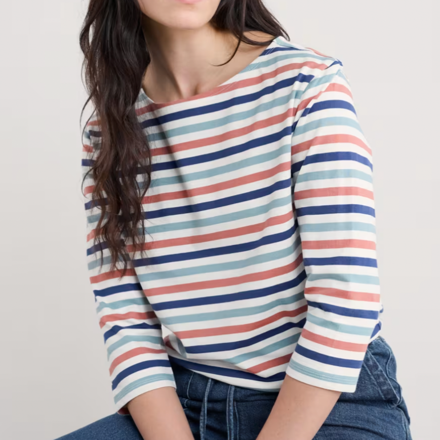 Woman wearing the Sailor striped top by SEASALT in Tri Mini Cornish Chalk Rose Dew