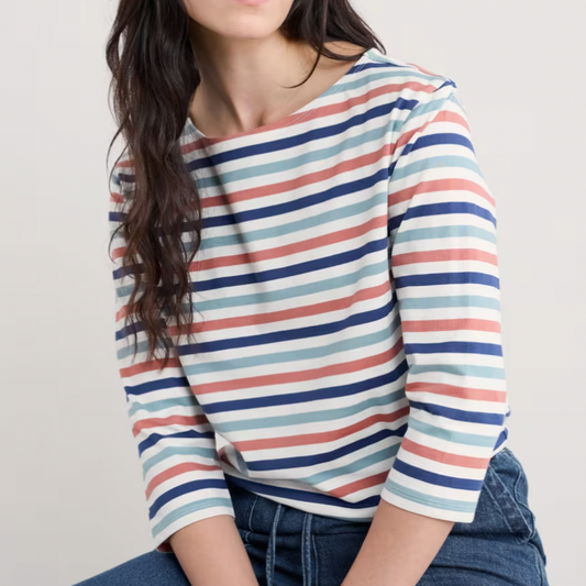 Woman wearing the Sailor striped top by SEASALT in Tri Mini Cornish Chalk Rose Dew