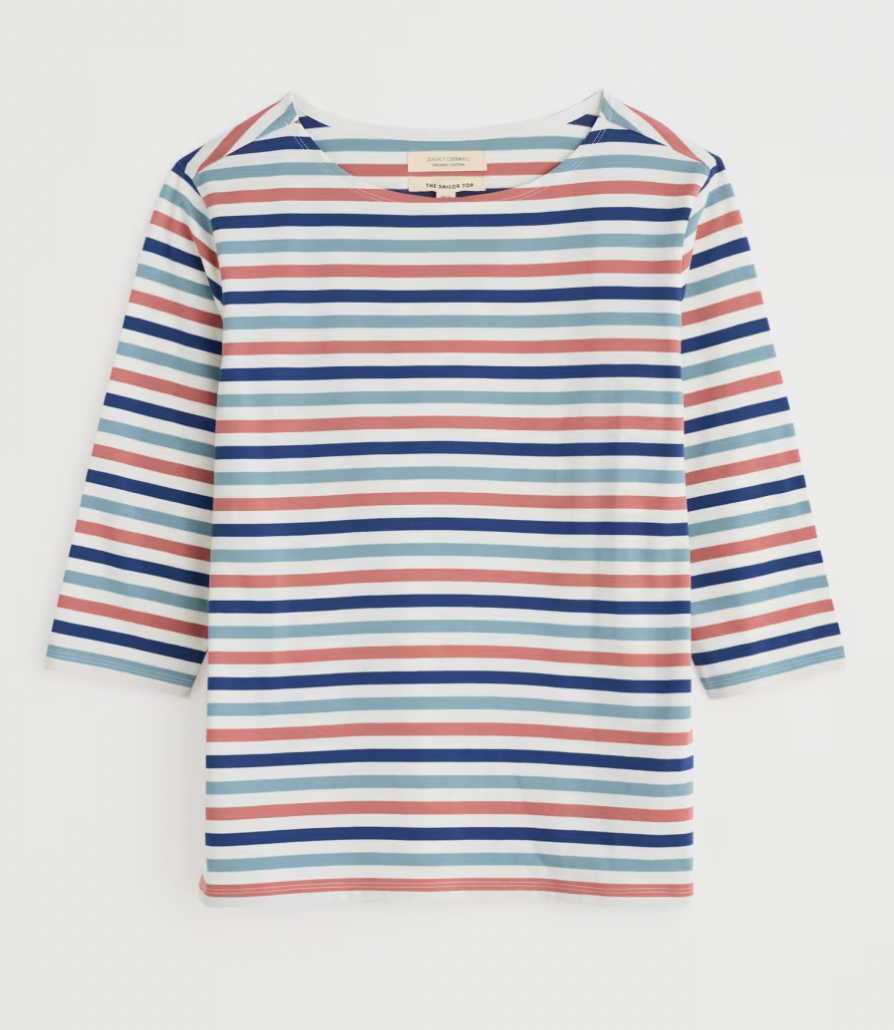 Flat lay of the Sailor striped top by SEASALT in Tri Mini Cornish Chalk Rose Dew