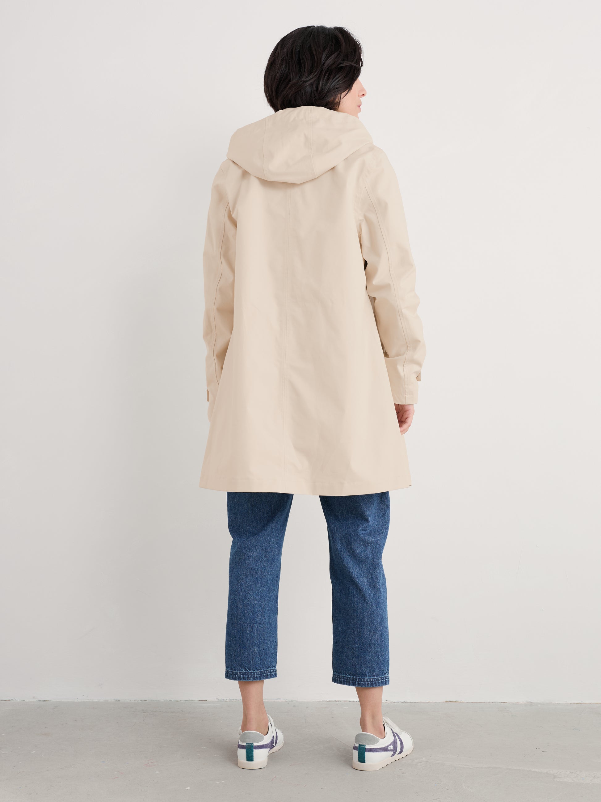 Back of the Rainproof Cloudburst Mac in Limestone beige by SEASALT