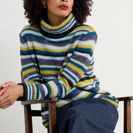 Woman wearing the Braque Striped wool Jumper in Concertina Dark Citron Multi by SEASALT