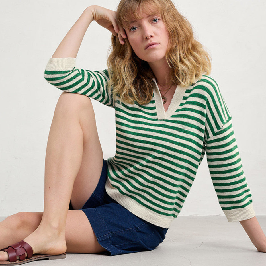 Woman wearing the Gwynver Striped Jumper in Mini Cornish Island Ecru