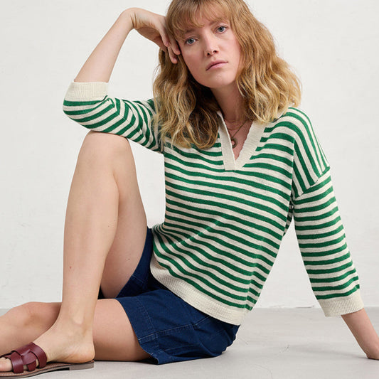 Woman wearing the Gwynver Striped Jumper in Mini Cornish Island Ecru