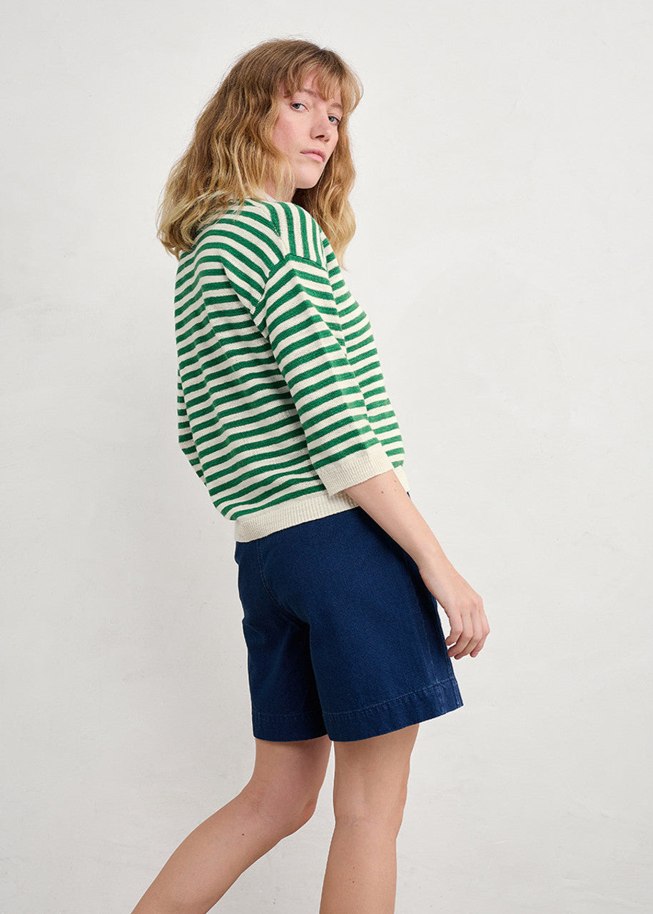 Woman wearing the Gwynver Striped Jumper in Mini Cornish Island Ecru