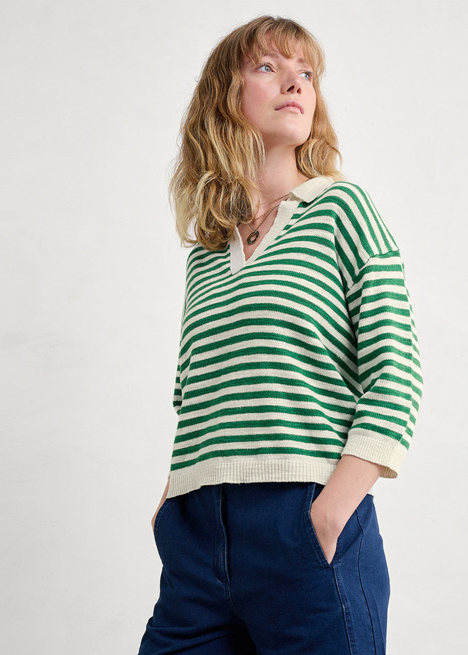 Woman wearing the Gwynver Striped cotton Jumper in Mini Cornish Island Ecru