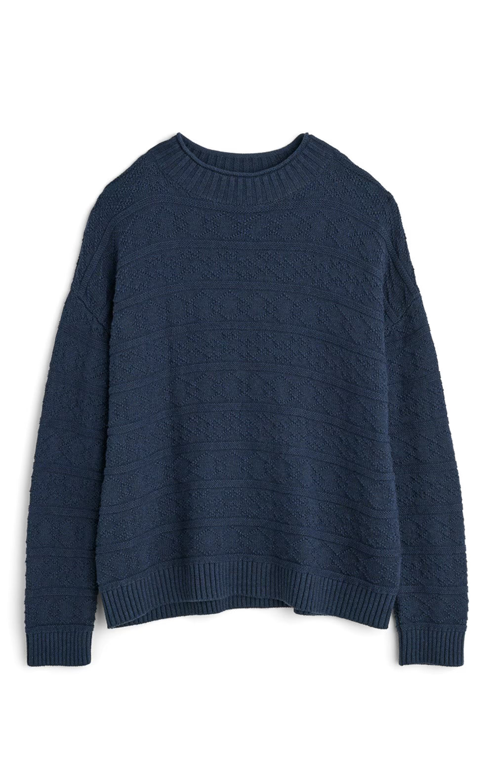 Flat lay of the Penkestle Jumper in Maritime navy by SEASALT
