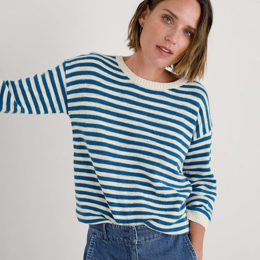 Woman wearing the Knavock Striped cotton Jumper by SEASALT in Mini Cornish Sailor Ecru Blue