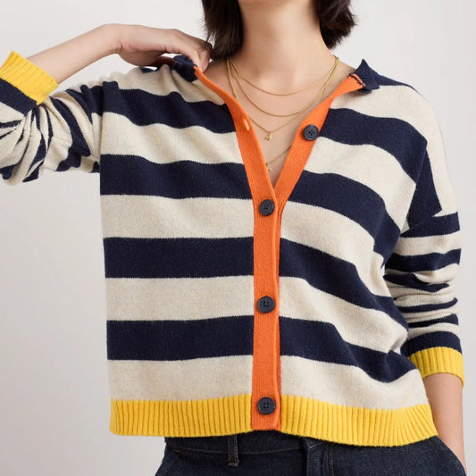 Woman wearing the Pinwheel merino wool Cardigan by SEASALT in Bright Shape Maritime Mix navy