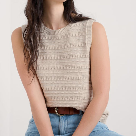 Woman wearing the Tepel knitted cotton vest in chalk by SEASALT