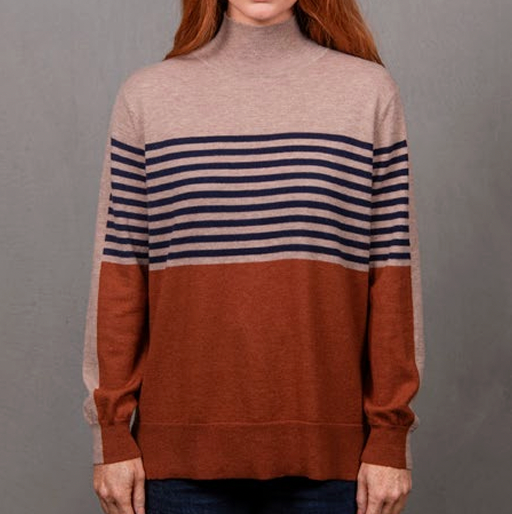 Woman wearing the Stripe & Colour block Jumper in Cognac, Brown & ink by Bridge and Lord