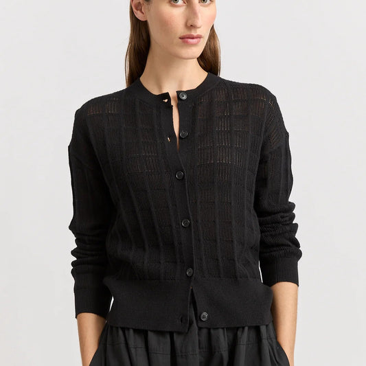 Woman wearing Toorallie's Open Stitch merino cotton Cardigan in Black