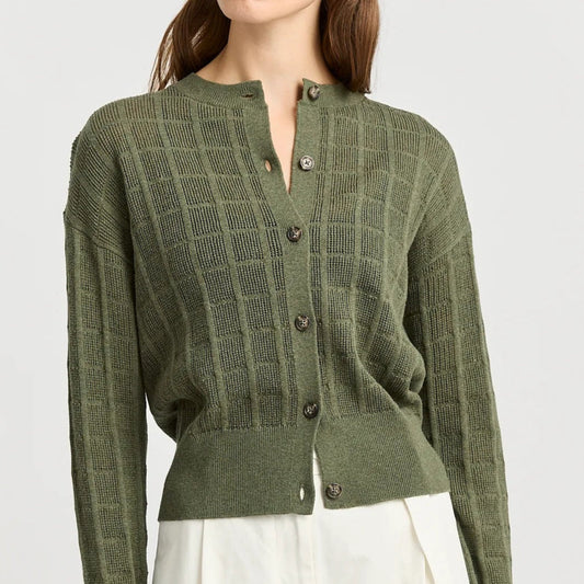 Woman wearing Toorallie's Open Stitch merino cotton Cardigan in Olive green