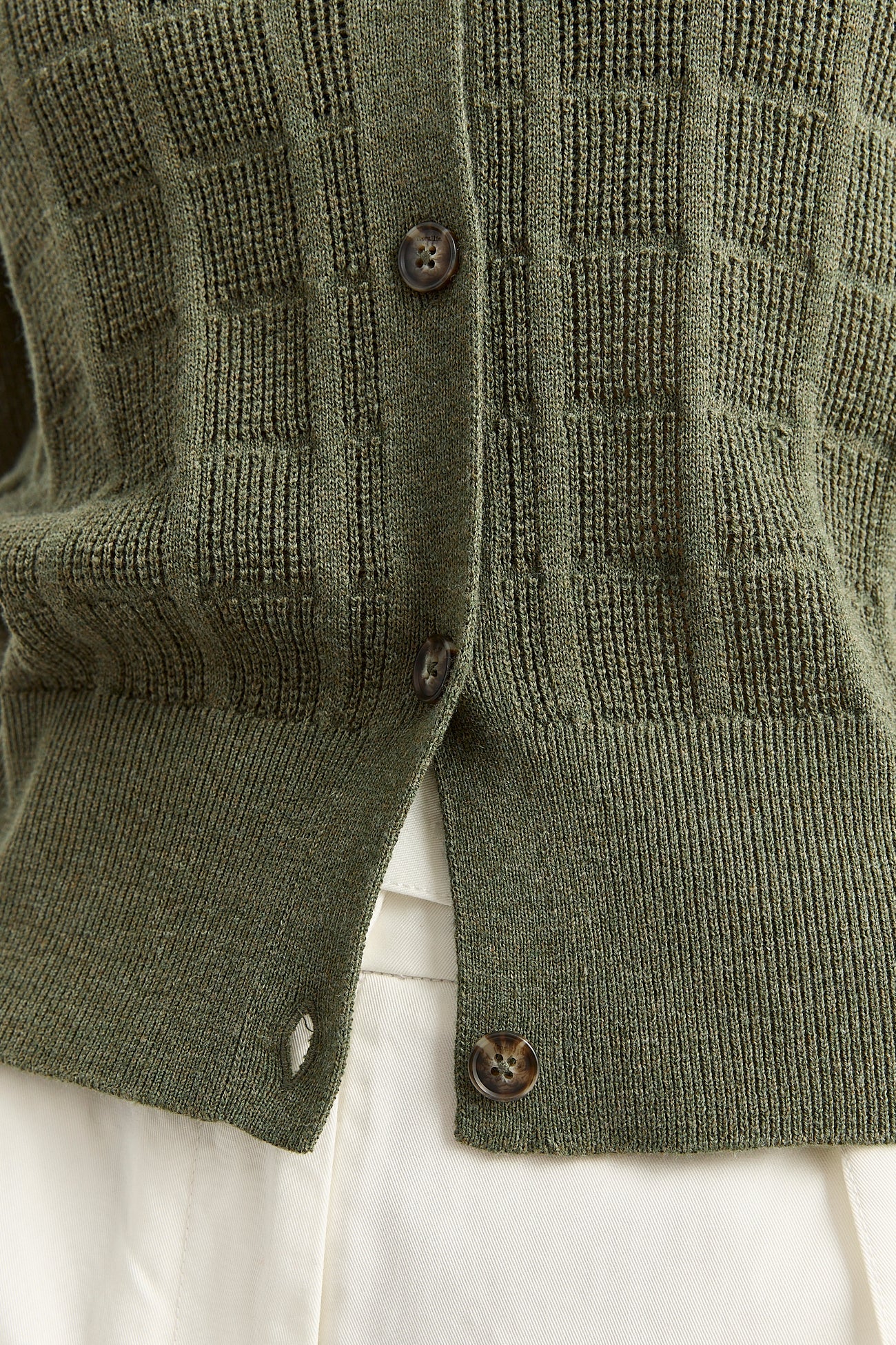 Woman wearing Toorallie's Open Stitch merino cotton Cardigan in Olive green