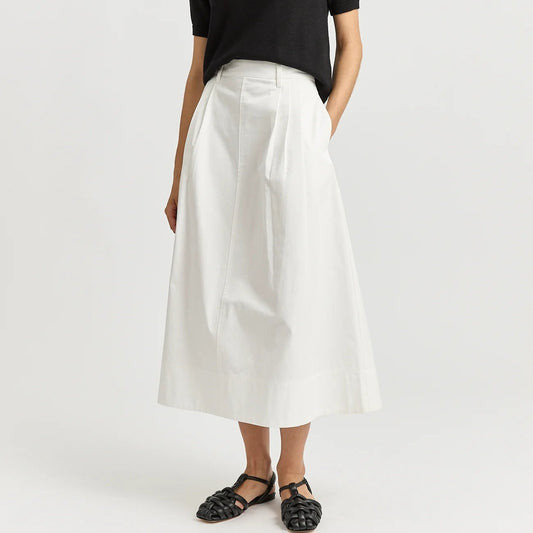 Woman wearing Toorallie's Pleat Detail Midi cotton Skirt in White