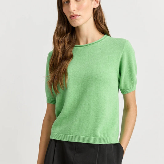 Woman wearing Toorallie's Short Sleeve Knit cotton merino top in Agave green