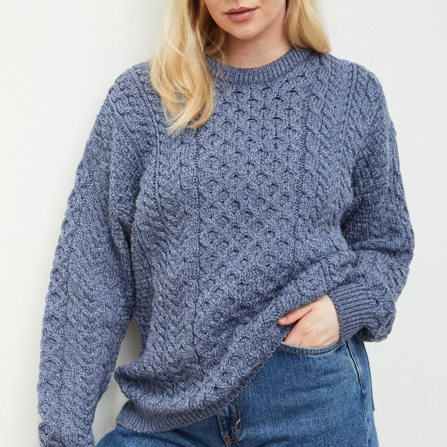 Aran Sweater for women in blue. Merino wool jumper.