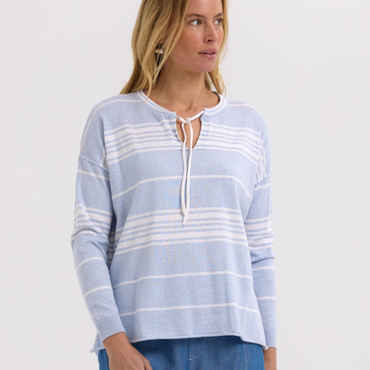 Woman wearing the Beach Bum Jumper by Zaket and Plover in Powder blue