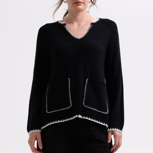 Woman wearing the Hand Work Trim Sweater in Black by Zaket and Plover