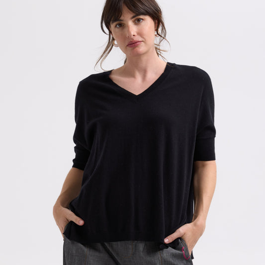 Woman wearing the Pointelle Shoulder Top by Zaket and Plover in black