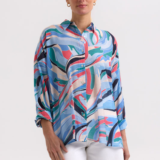 Woman wearing the Summer Shirt by Zaket and Plover in Waves blue