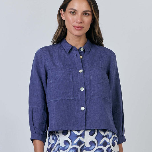 Woman wearing Naturals by O&J's Cropped Jacket in Blueberry