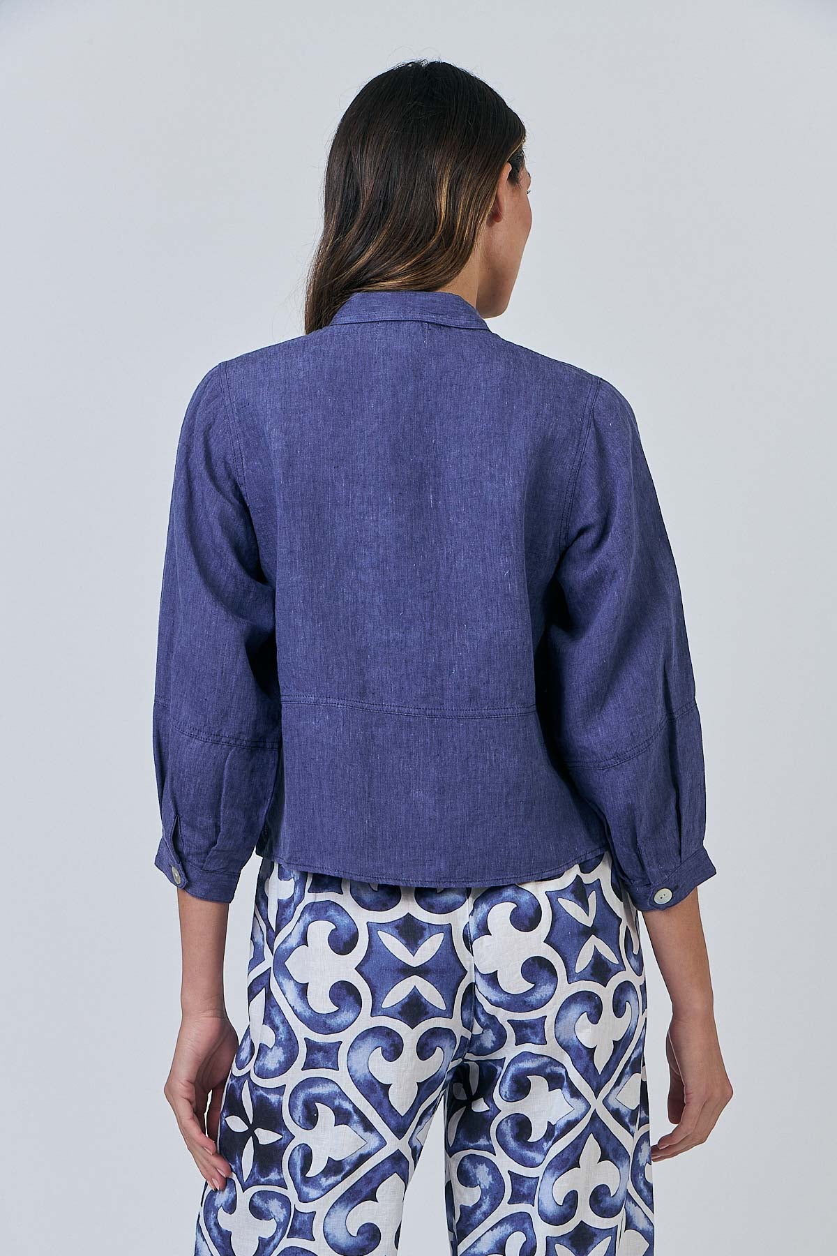 Woman wearing Naturals by O&J's Cropped Jacket in Blueberry