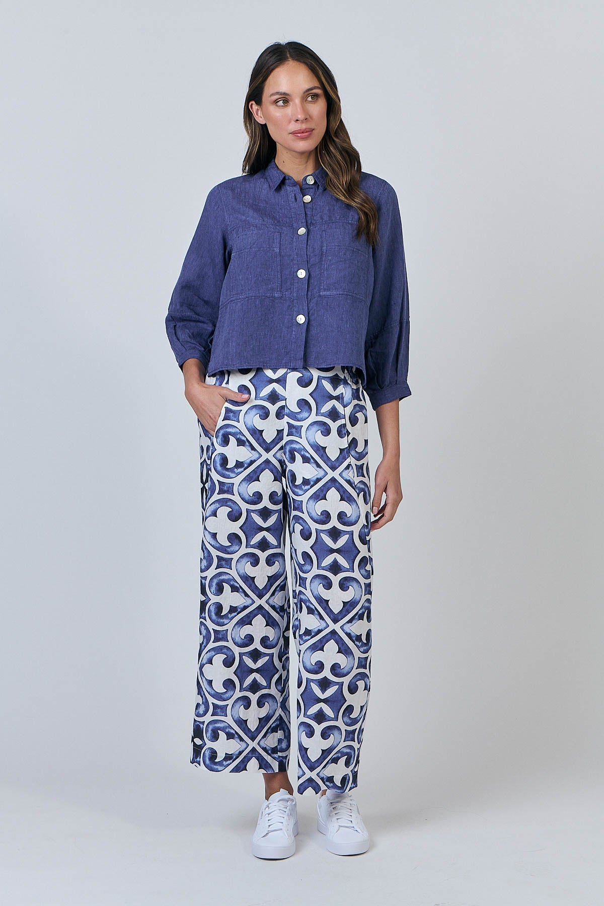 Woman wearing Naturals by O&J's Cropped Jacket in Blueberry