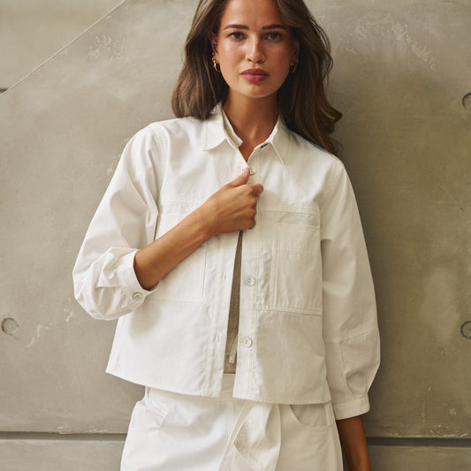 Woman wearing Naturals by O&J's Cropped Jacket in salt white