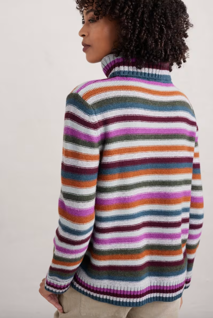 Back view of SEASALT's Braque Stripey Jumper in purple, orange and green