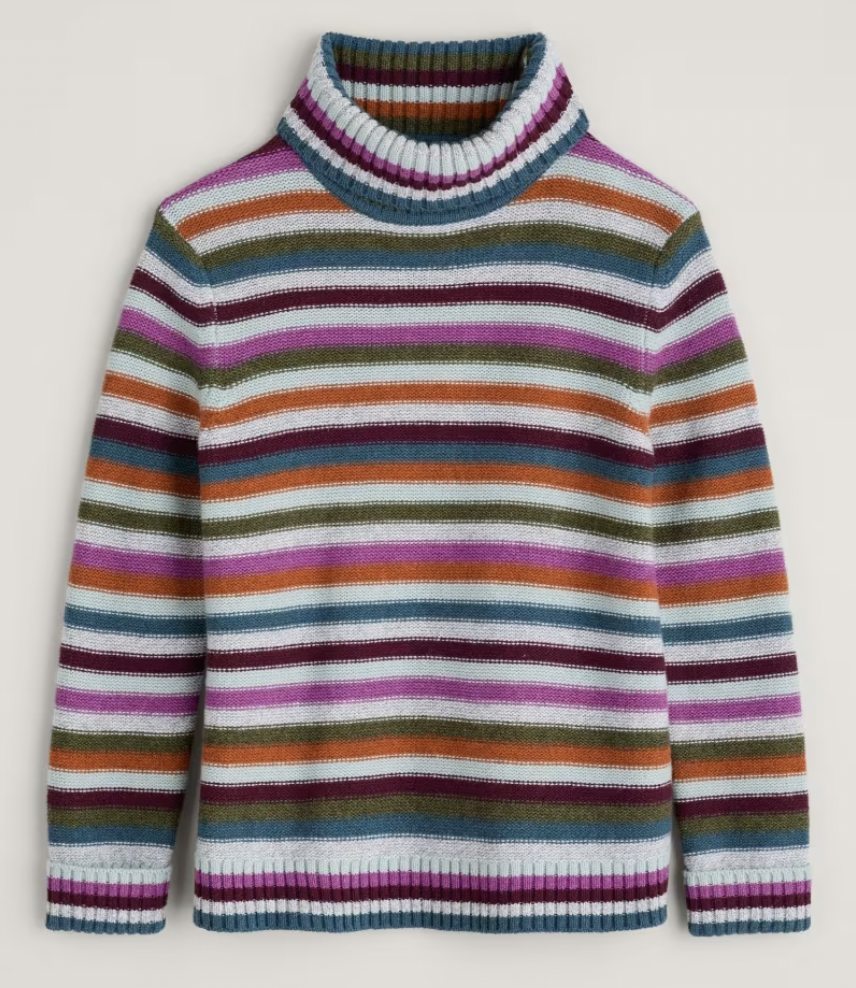 SEASALT's Braque Stripey Jumper in Interplay Wild Orchid, flat lay of turtleneck