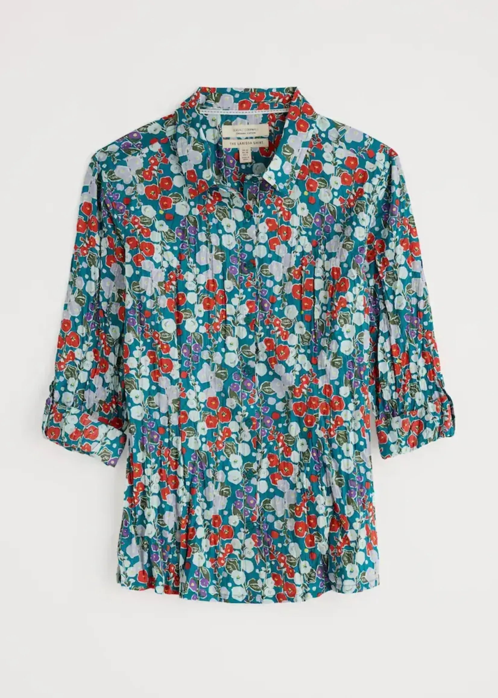 Flat lay of the Larissa cotton Shirt by SEASALT in Wild Hollyhock print