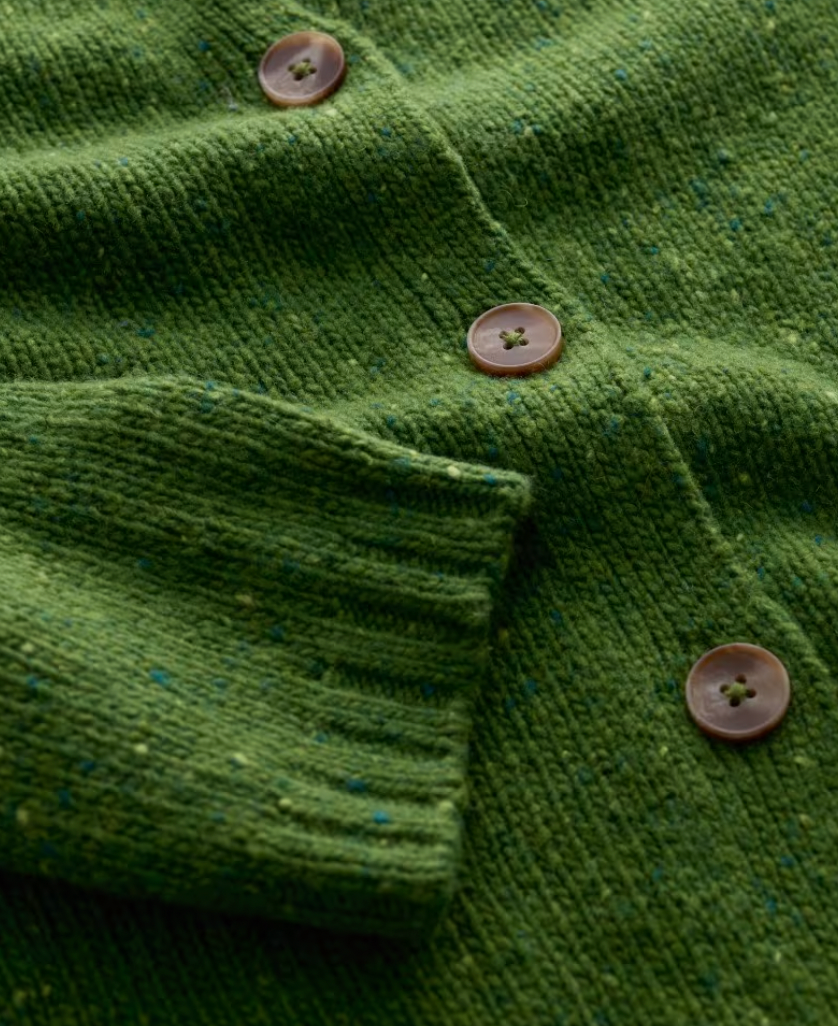 SEASALT's Dawson Pick Cardigan in Grassland, close up of knit merino