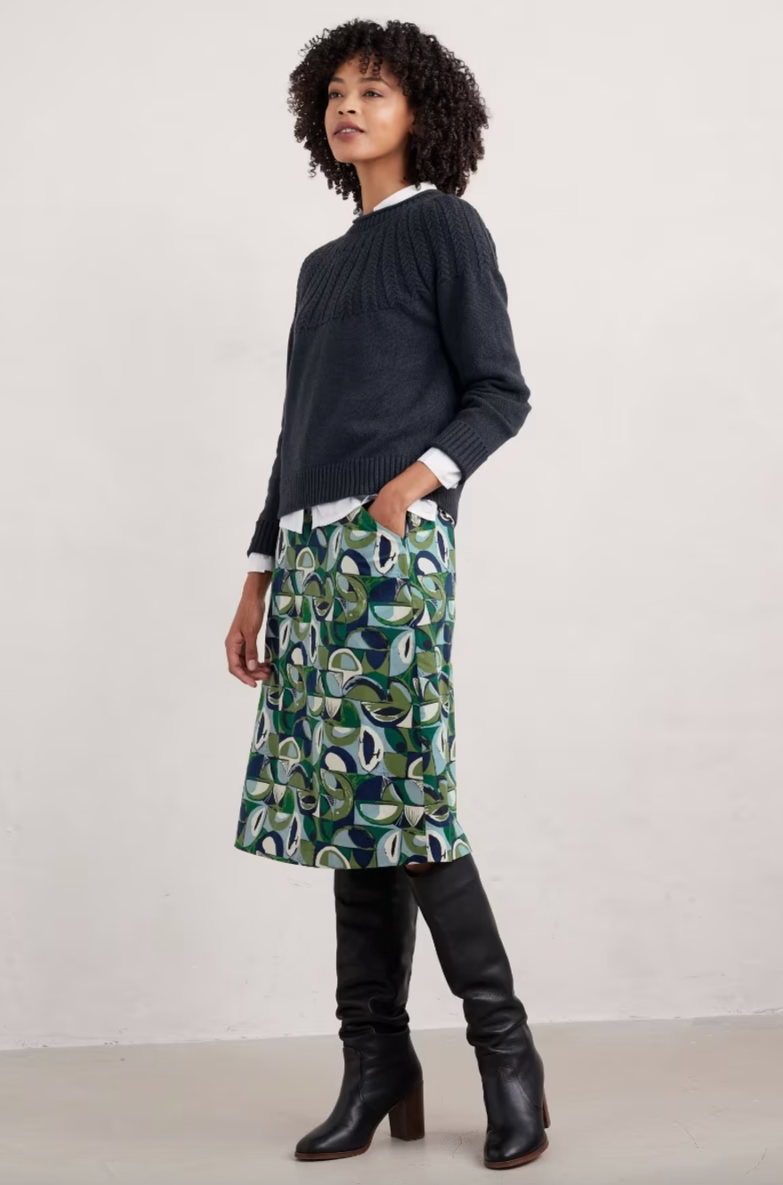 SEASALT's Forest View Skirt in Land Forms Cut Grass styled with a jumper and boots