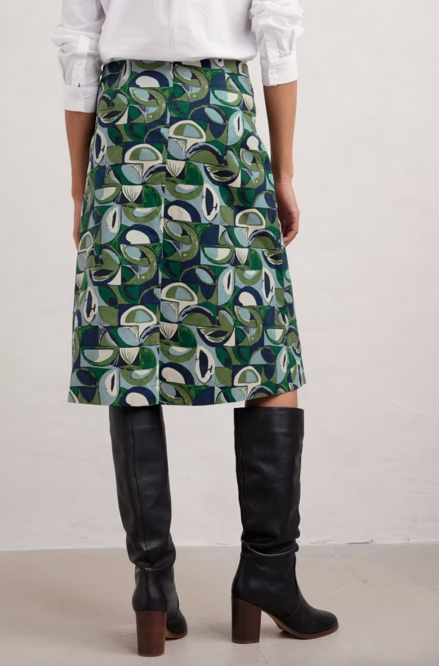 Back view of SEASALT's cotton cord Forest View Skirt in Land Forms Cut Grass