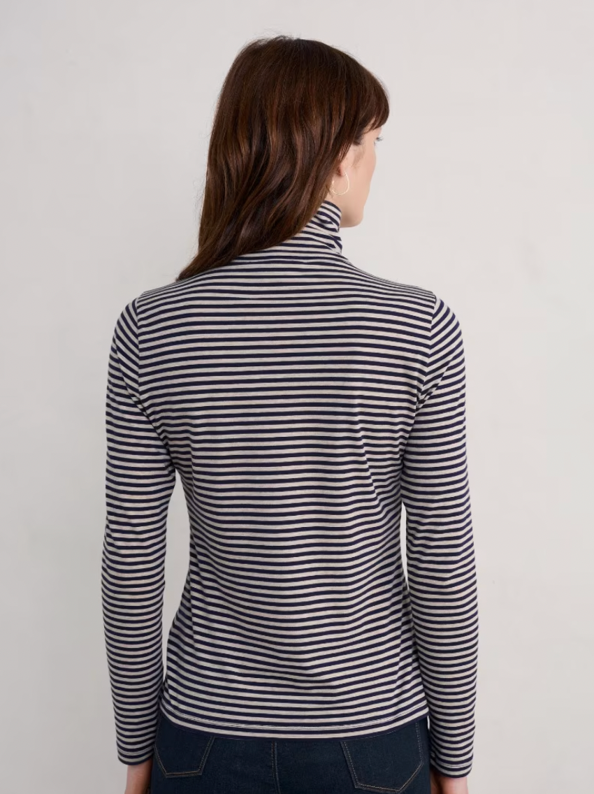 Back view of SEASALT's Landing striped Top in Pellitras Hessian Maritime