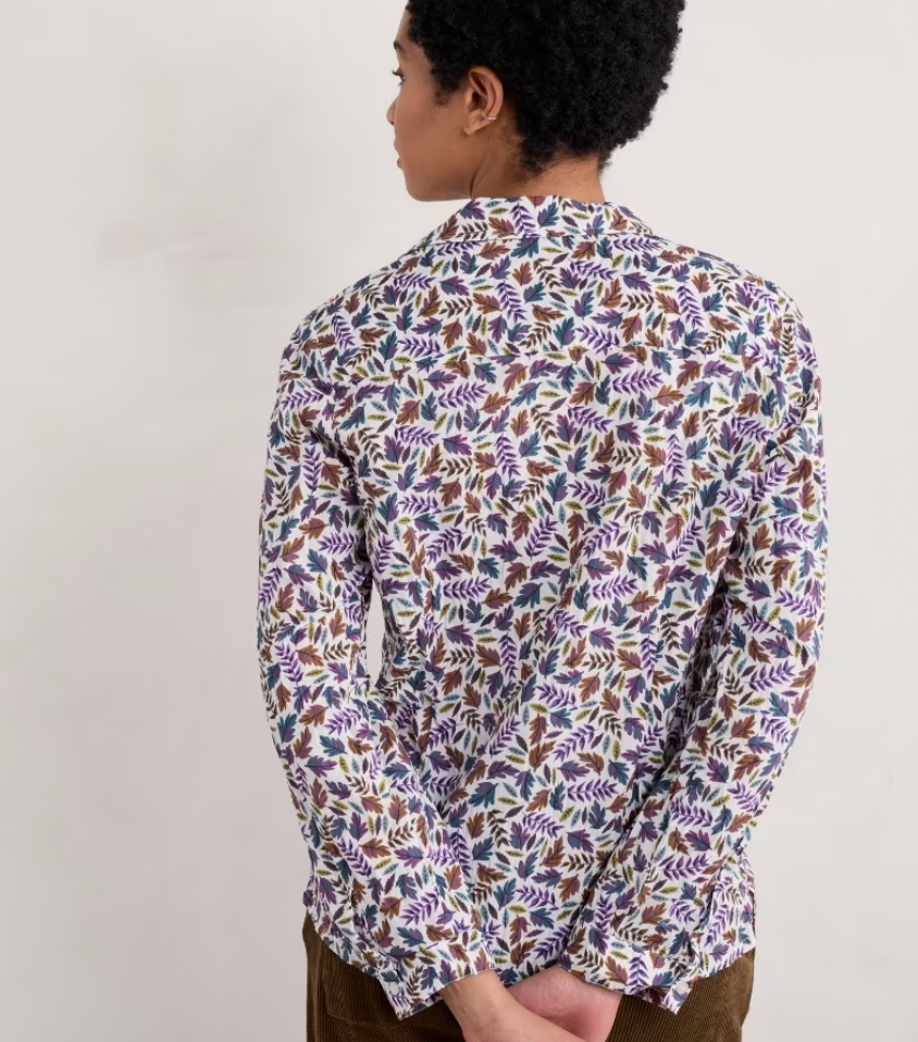 Back view of SEASALT's Larissa printed cotton Shirt in Sunlit Leaves Chalk