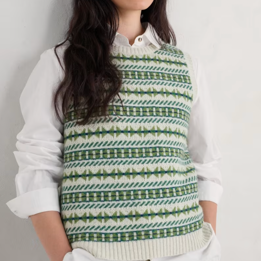 SEASALT's Lemon Fair Isle Vest in Minvor Aran Cut Grass