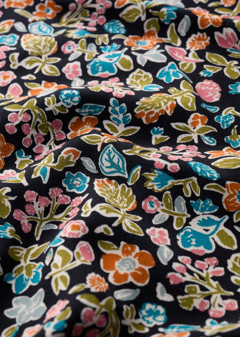 Close up of print in SEASALT's Meadowsweet Dress in Shore Floral Onyx