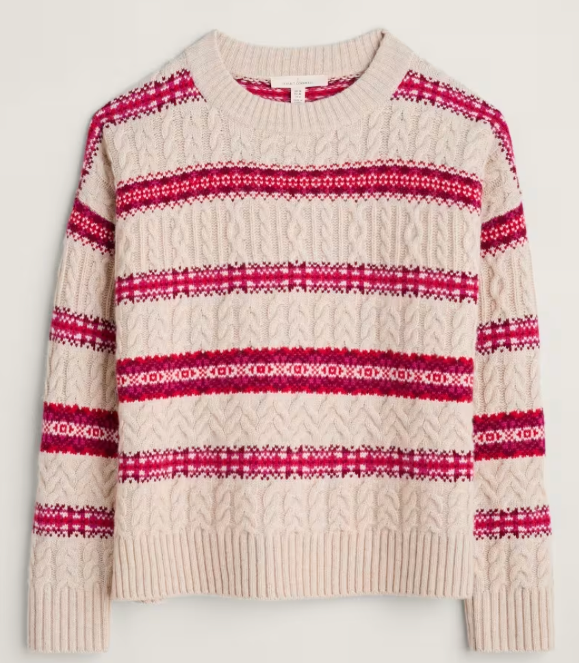 Flat lay of SEASALT's Shepherd Cable Knit Jumper in Fair Isle pattern Snowflake Crimson Mix