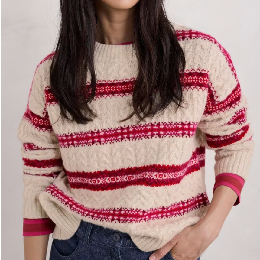 SEASALT's Shepherd Cable Knit Jumper in Fair Isle pattern Snowflake Crimson Mix