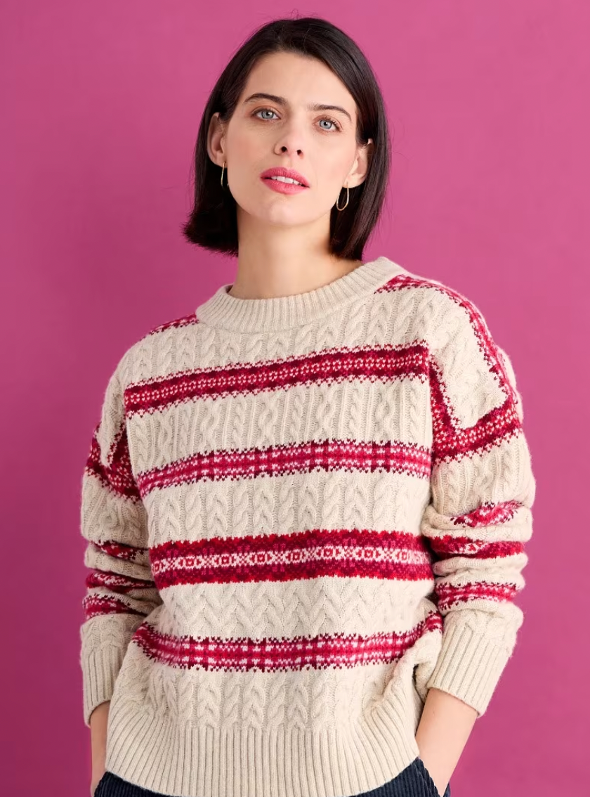 SEASALT's Shepherd Cable Knit Jumper in Fair Isle pattern Snowflake Crimson Mix