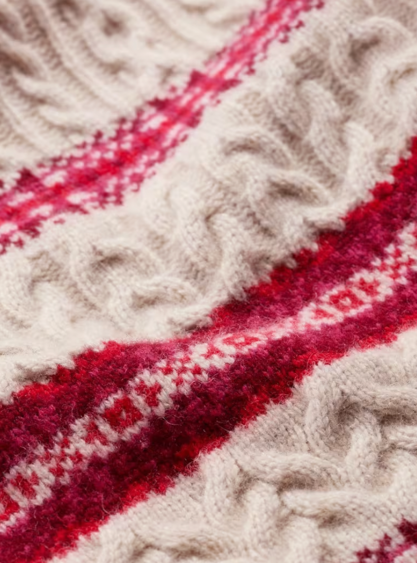 Close up of cable knit and Fair Isle pattern in SEASALT's Shepherd Jumper