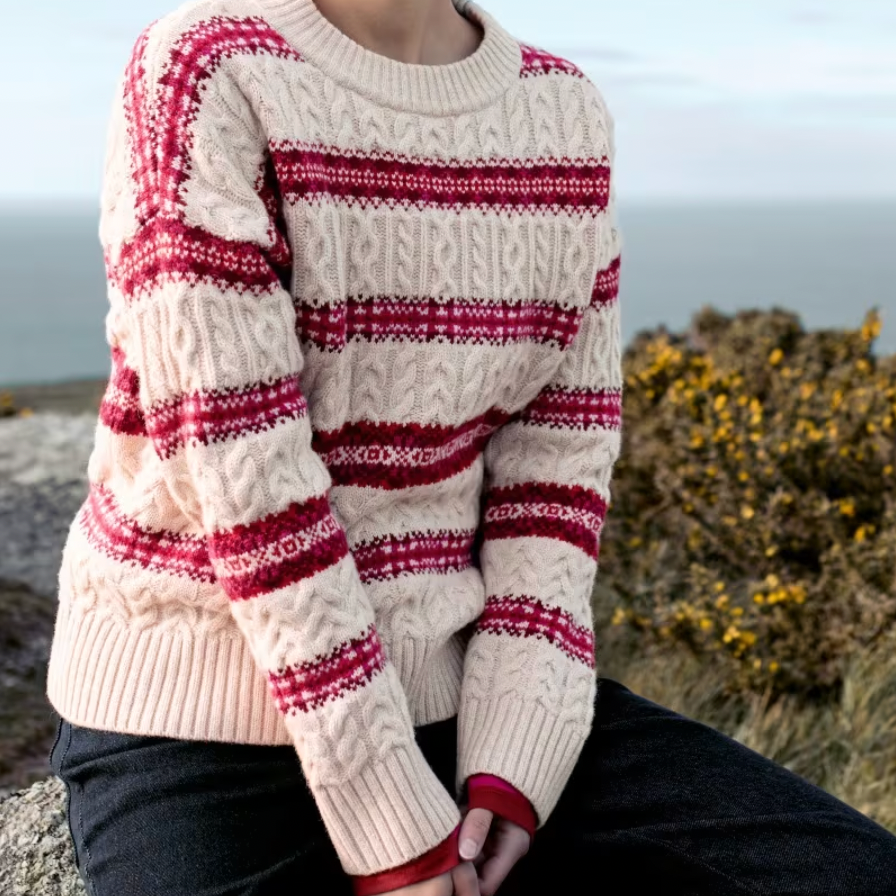 SEASALT's Shepherd Cable Knit Jumper in Fair Isle pattern Snowflake Crimson Mix