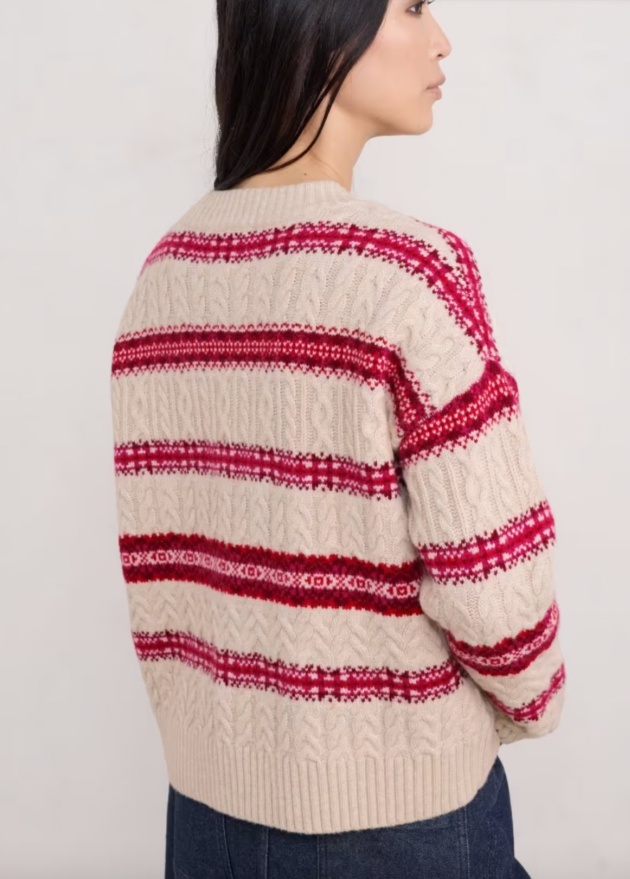 Back view of SEASALT's Shepherd Cable Knit Jumper in Snowflake Crimson Mix with dropped shoulder