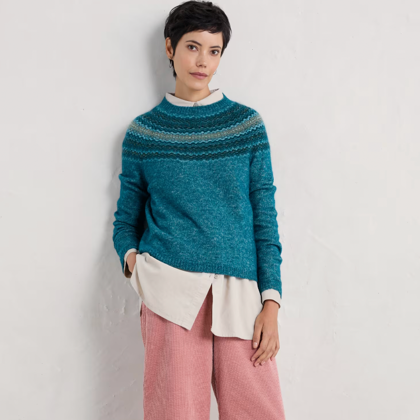 Spruce Frost Jumper - Swirling Lake Mix, styled with pink pants