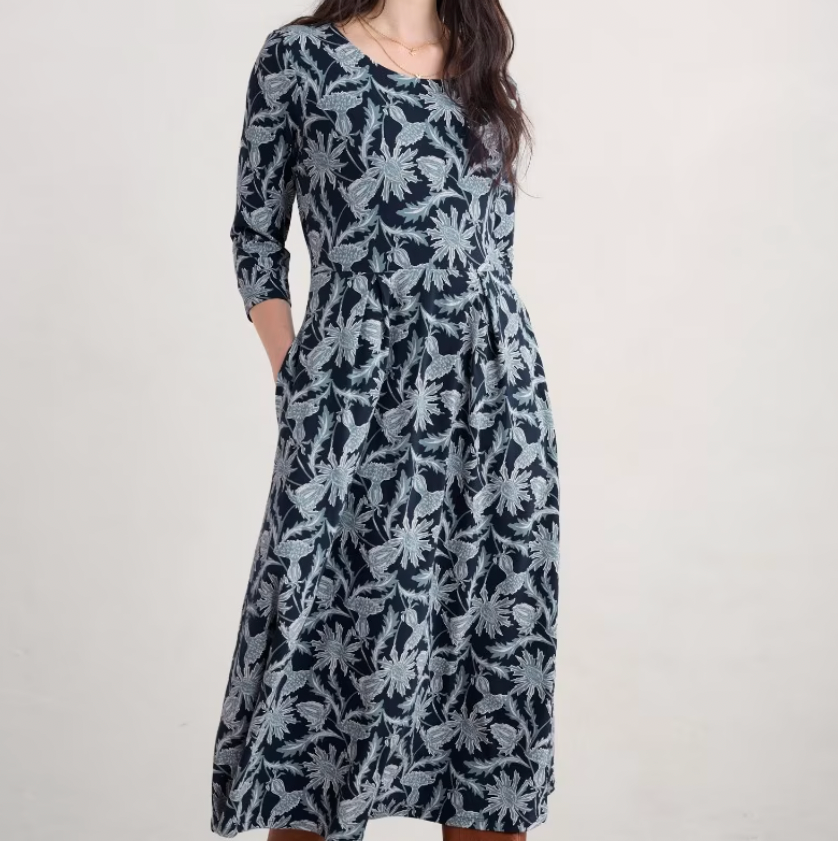 SEASALT's Veronica Midi Dress in Wood Cut Thistle Maritime