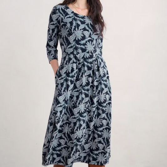 SEASALT's Veronica Midi Dress in Wood Cut Thistle Maritime