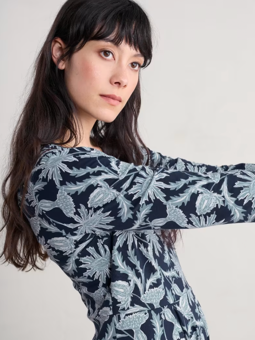 SEASALT's Veronica Midi cotton Dress in Wood Cut Thistle Maritime