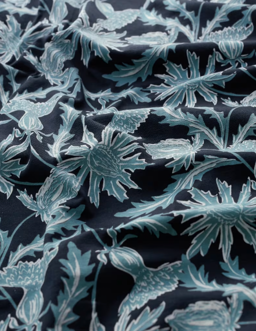 Close up of Wood Cut Thistle Maritime fabric by SEASALT