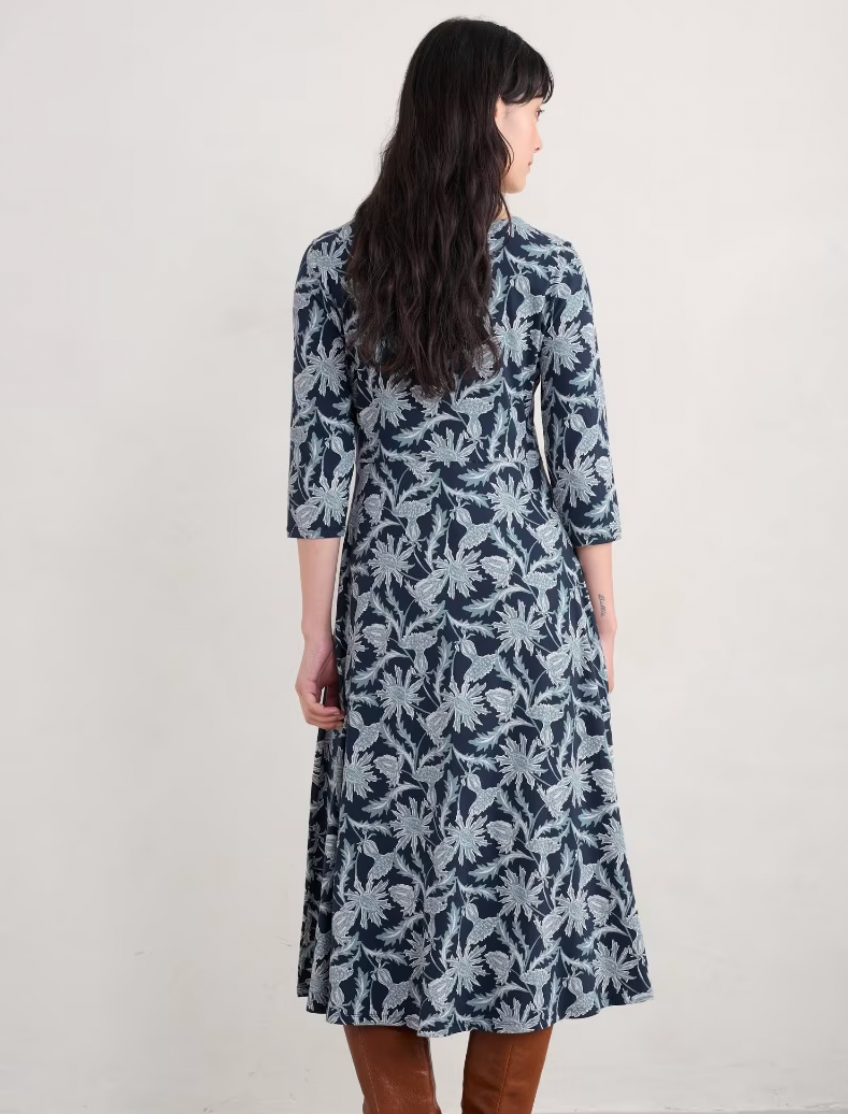 Back view of SEASALT's Veronica Midi Dress in Wood Cut Thistle Maritime for women